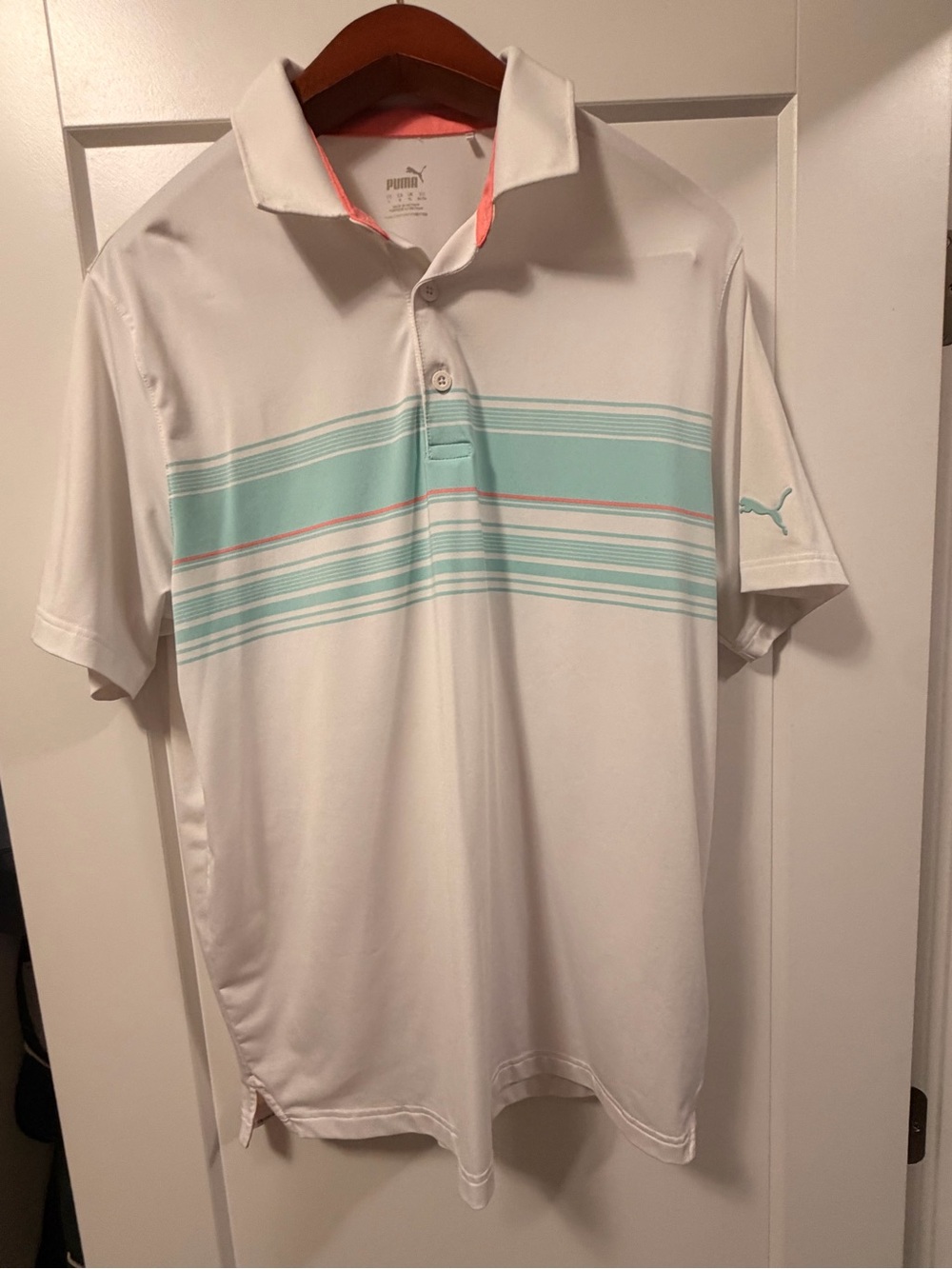 Puma White Golf Polo with Mint and Coral Stripe